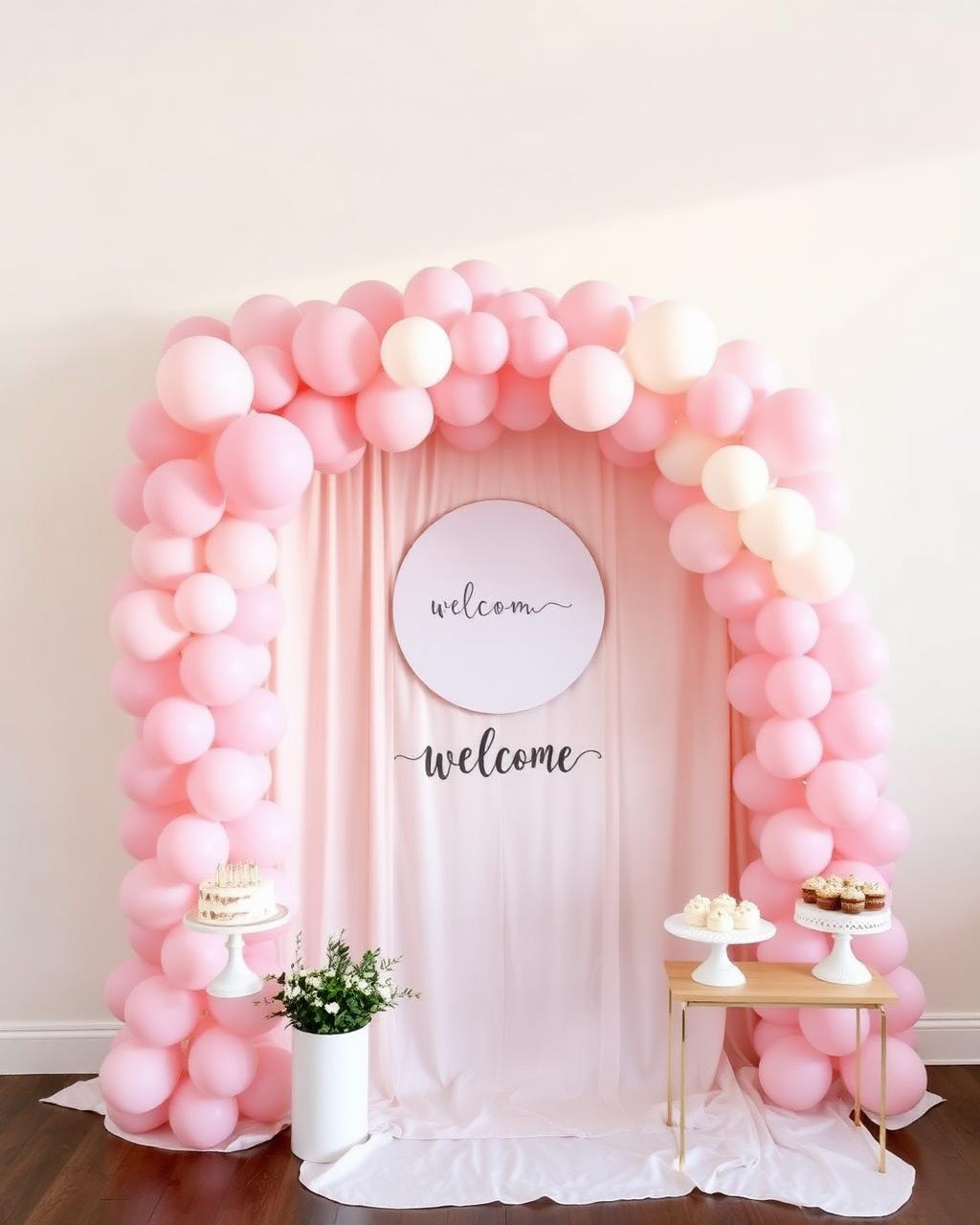 Blush balloon arch backdrop with welcome sign