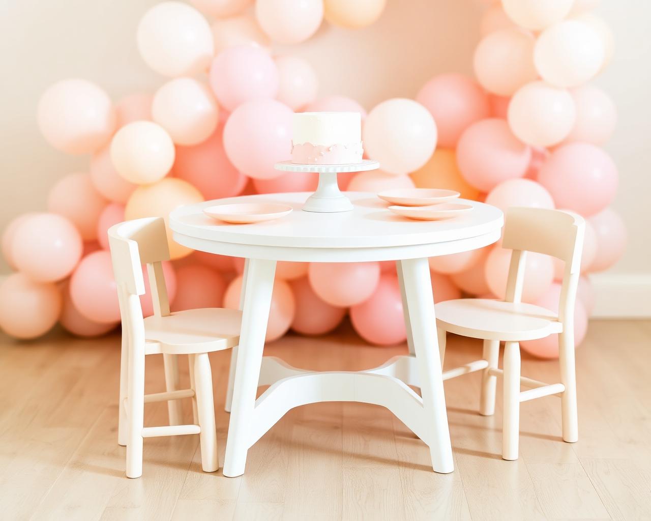 Kids table styled with pastel chairs and cake stand